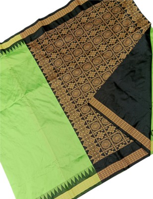 Hozaifa Sarees Temple Border, Solid/Plain Sambalpuri Art Silk Saree(Light Green)