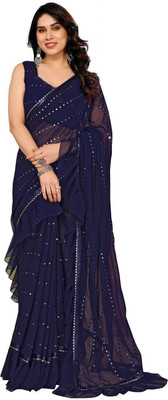 ROOP SUNDARI SAREES Dyed, Embroidered Bollywood Georgette Saree(Dark Blue)