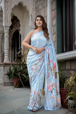 Aany's Culture Floral Print Daily Wear Viscose Rayon Saree(Light Blue)