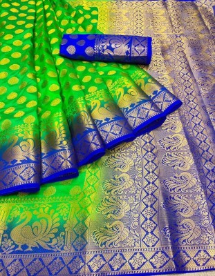 SWAMI STUDIO Woven Banarasi Jacquard Saree(Light Green, Blue)