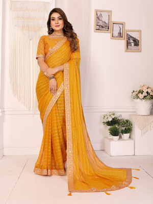 Varni Design Hub Embroidered Bollywood Georgette Saree(Mustard)