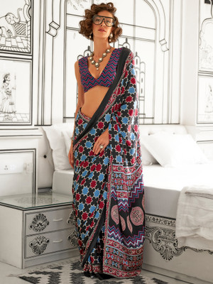 Sangria Printed Daily Wear Crepe Saree(Black)