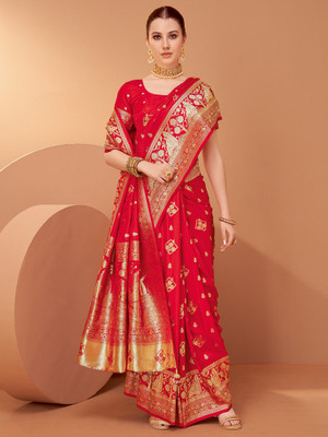 Tasrika Woven Banarasi Satin, Silk Blend Saree(Red)