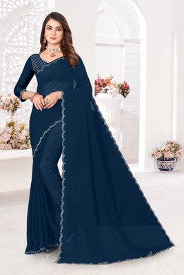 BATHANI CREATION Solid/Plain Bollywood Georgette Saree(Blue)