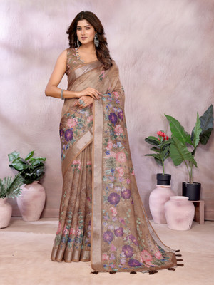 Soor Panchi Floral Print Bollywood Cotton Silk Saree(Brown)