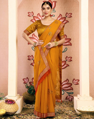 Divastri Embroidered, Embellished Bollywood Georgette, Lace Saree(Yellow, Mustard)