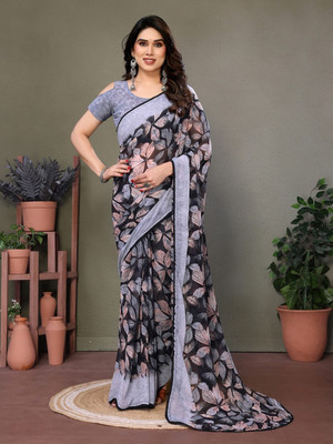 ShringarHouse Floral Print Daily Wear Chiffon, Silk Blend Saree(Grey)
