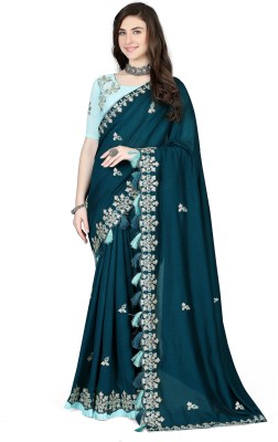 ReJa Trendz Embroidered, Self Design Bollywood Silk Blend Saree(Dark Blue, Light Blue)
