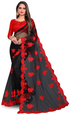 Mactos Embroidered Bollywood Net Saree(Red, Black)