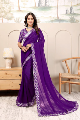 RJTAJ FAB Solid/Plain, Embroidered Bollywood Georgette Saree(Purple)