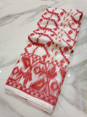 Happy Creation Woven Jamdani Handloom Cotton Blend Saree(Multicolor)