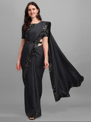 Shreenathji Enterprise Solid/Plain, Embroidered, Embellished Bollywood Silk Blend Saree(Black)