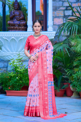 Moda Rapido Printed Daily Wear Cotton Linen Saree(Pink)
