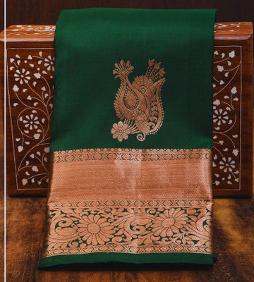 KANGLI Woven Banarasi Cotton Silk Saree(Green)