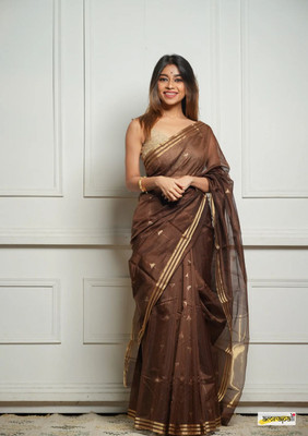 MIRMAN Woven Kanjivaram Pure Cotton Saree(Brown)