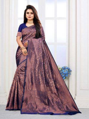 Ira Impex Floral Print Banarasi Silk Blend Saree(Dark Blue)