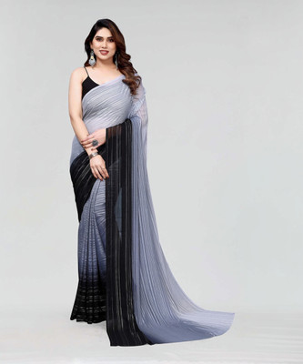 kashvi sarees Striped, Ombre, Printed Bollywood Satin Saree(Black, Grey)
