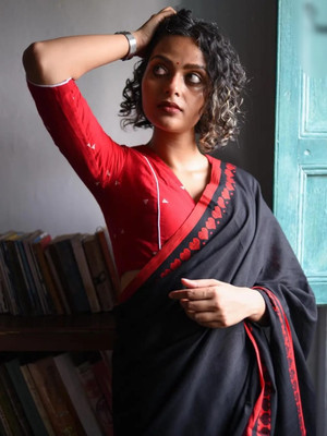 GaurabHandloom Self Design Handloom Cotton Blend Saree(Black)