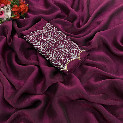 Zari and Ziba Embroidered, Solid/Plain Bollywood Chiffon Saree(Maroon)