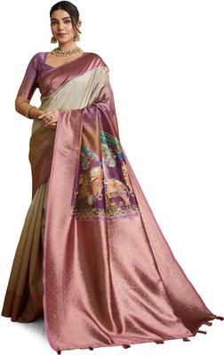 VED CREATION Floral Print, Digital Print Banarasi Silk Blend Saree(Multicolor)
