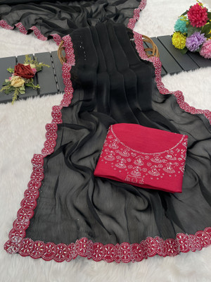 HouseOfCommon Embellished, Solid/Plain Bollywood Silk Blend Saree(Black)