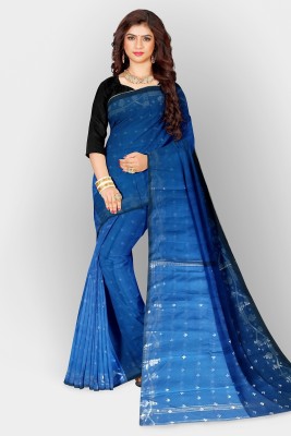 PRAVATI FASHION Polka Print Handloom Cotton Blend Saree(Blue)