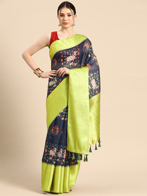 SILK ZONE Digital Print Banarasi Silk Blend Saree(Dark Blue)
