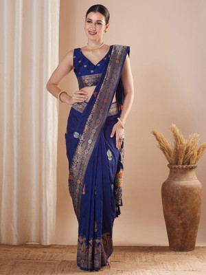 Sareemall Woven Banarasi Silk Blend Saree(Dark Blue)