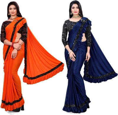 MIJAASHREE Embellished Bollywood Lycra Blend Saree(Pack of 2, Blue, Orange)