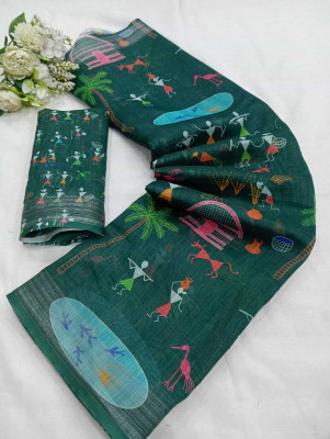 Mervadiya Self Design Bollywood Cotton Linen, Linen Saree(Green)