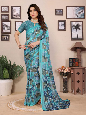 Moda Rapido Printed, Self Design Daily Wear Georgette Saree(Blue)