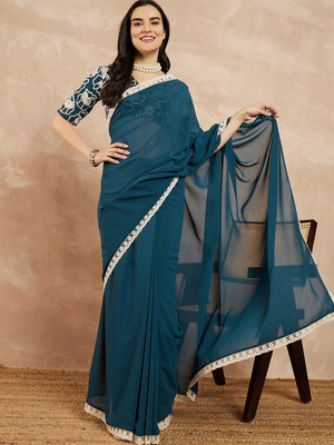 ROOP SUNDARI SAREES Solid/Plain Bollywood Georgette Saree(Blue)