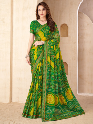 Anouk Rustic Embellished Bandhani Chiffon Saree(Green)