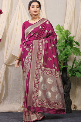 HouseOfCommon Printed, Self Design Banarasi Pure Silk Saree(Magenta)