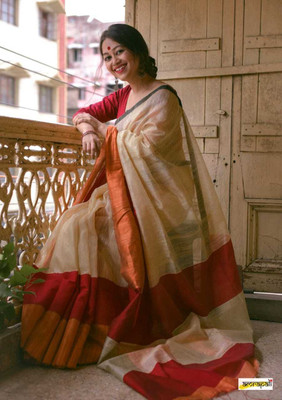 Quetzal Self Design, Solid/Plain Handloom Pure Cotton Saree(Beige)