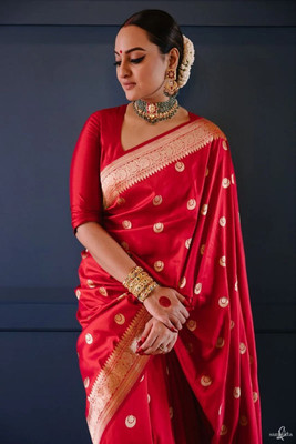NIYAMI Printed, Self Design, Temple Border, Woven, Floral Print, Solid/Plain Banarasi Jacquard, Cotton Silk Saree(Red)
