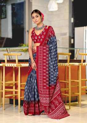 Divastri Blocked Printed, Printed Chanderi Cotton Blend Saree(Grey)