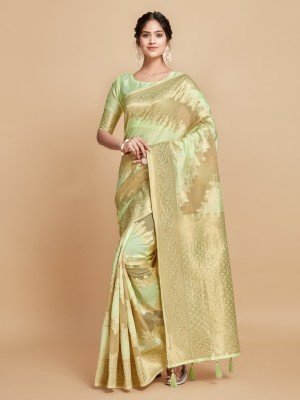 ishika fab Woven Chanderi Linen Saree(Green)