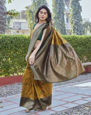 YASHIKA Floral Print Kanjivaram Art Silk Saree(Yellow)