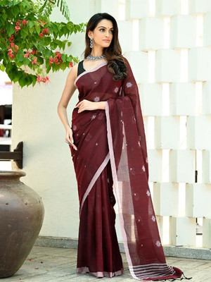 Joyguru Textile Printed Handloom Pure Cotton Saree(Maroon)