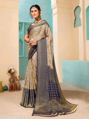 pal fashion Floral Print Mysore Brasso Saree(Dark Blue)