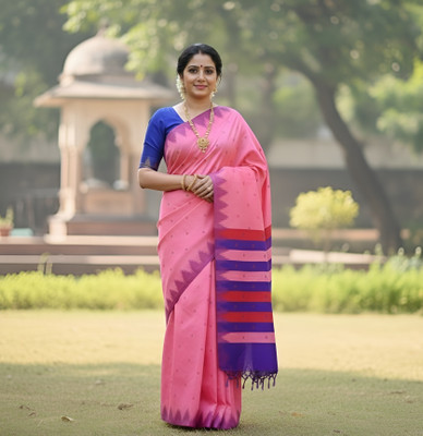 Sijlin Woven, Striped Sambalpuri Cotton Silk Saree(Pink)