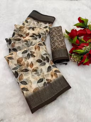 Marabout Digital Print Bollywood Cotton Linen Saree(Brown)