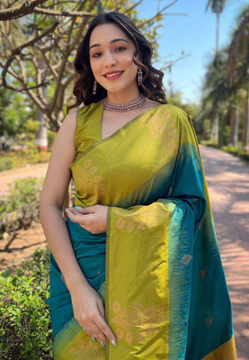 Madhav Creation Woven Banarasi Art Silk Saree(Blue)