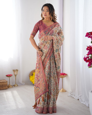 DHAYNAAND REEWA FASHION Digital Print Kalamkari Linen Saree(Multicolor)