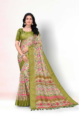 Sanskriti Synthetics Printed Bollywood Polyester Saree(Green)