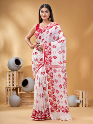 Desh Bidesh Blocked Printed, Self Design, Solid/Plain, Woven Handloom Handloom Cotton Blend, Pure Cotton Saree(Multicolor)