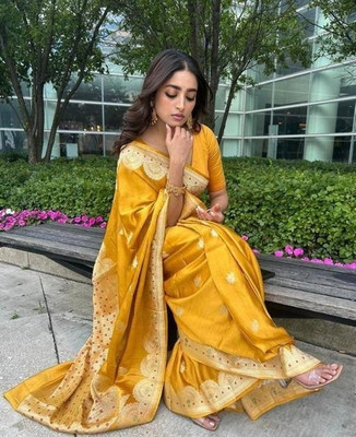 Aai Pithad Creation Self Design Banarasi Art Silk Saree(Yellow)