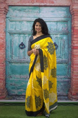 Sanganeri Hast Kala Printed, Blocked Printed, Floral Print, Dyed Daily Wear Pure Cotton Saree(Yellow, Grey, White)