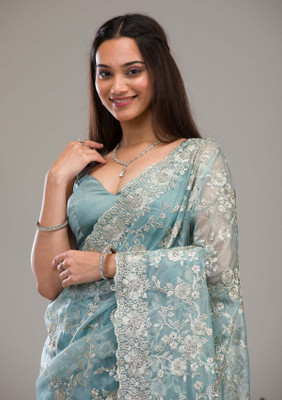 KOSKII Embroidered Bollywood Tissue Saree(Blue)